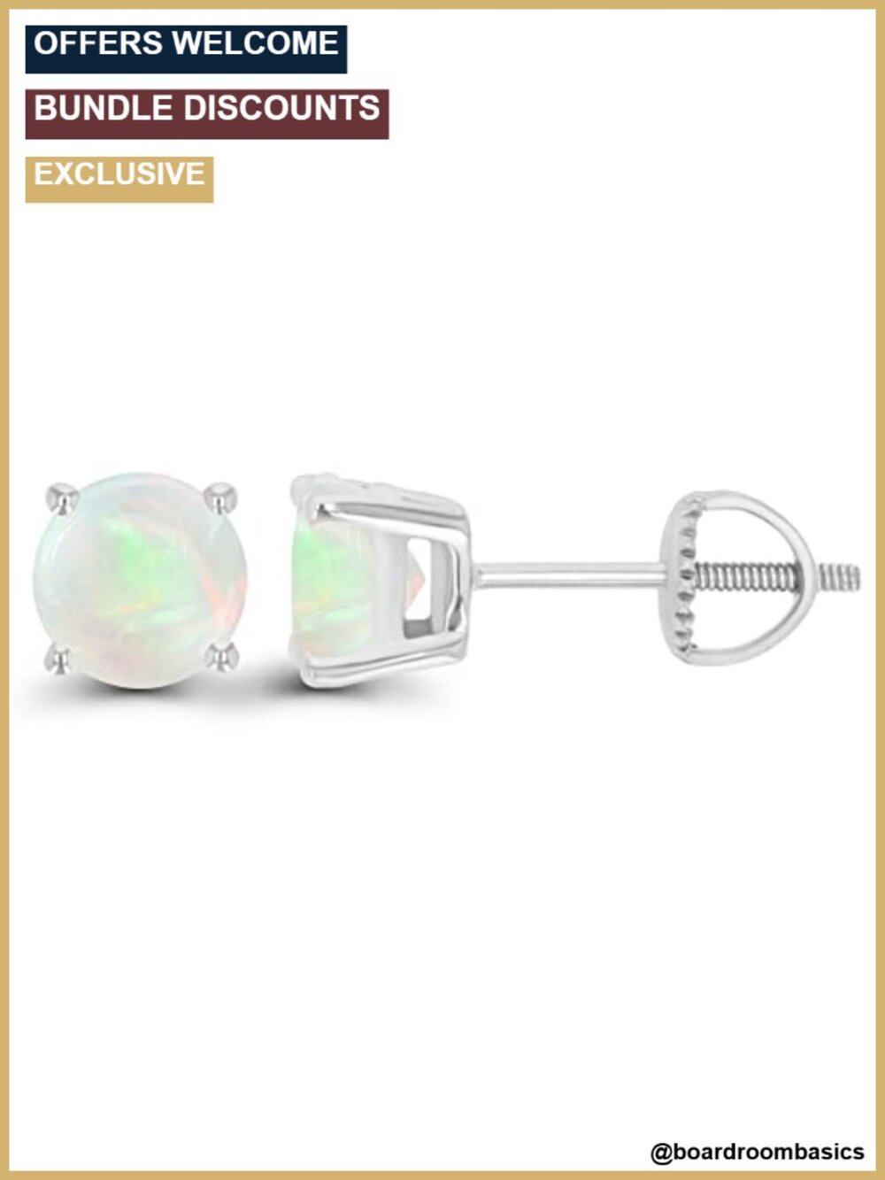 14K Gold Plated 925 Sterling Silver 6mm Round Opal Stud Screwback Earrings